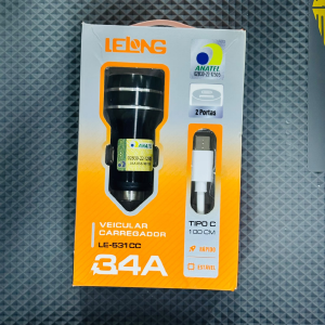 CARREGADOR VEICULAR LELONG 2 ENTRADA 3.4 COM CABO TIPE C - TIPE C LE-531CC